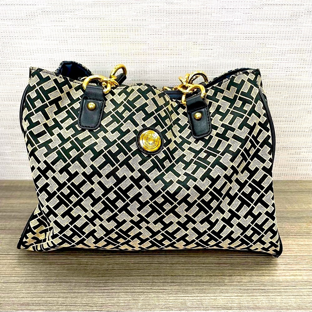 Tommy Hilfiger Monogram Stylish Tote Bag Black and Gold